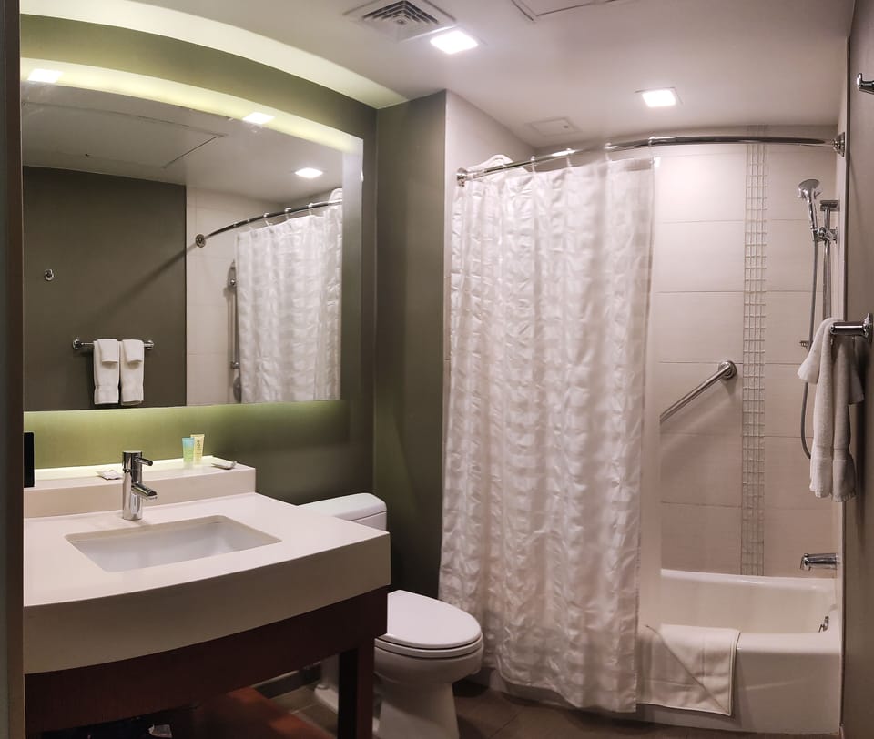 Separate tub and shower, rainfall showerhead, hair dryer, bathrobes
