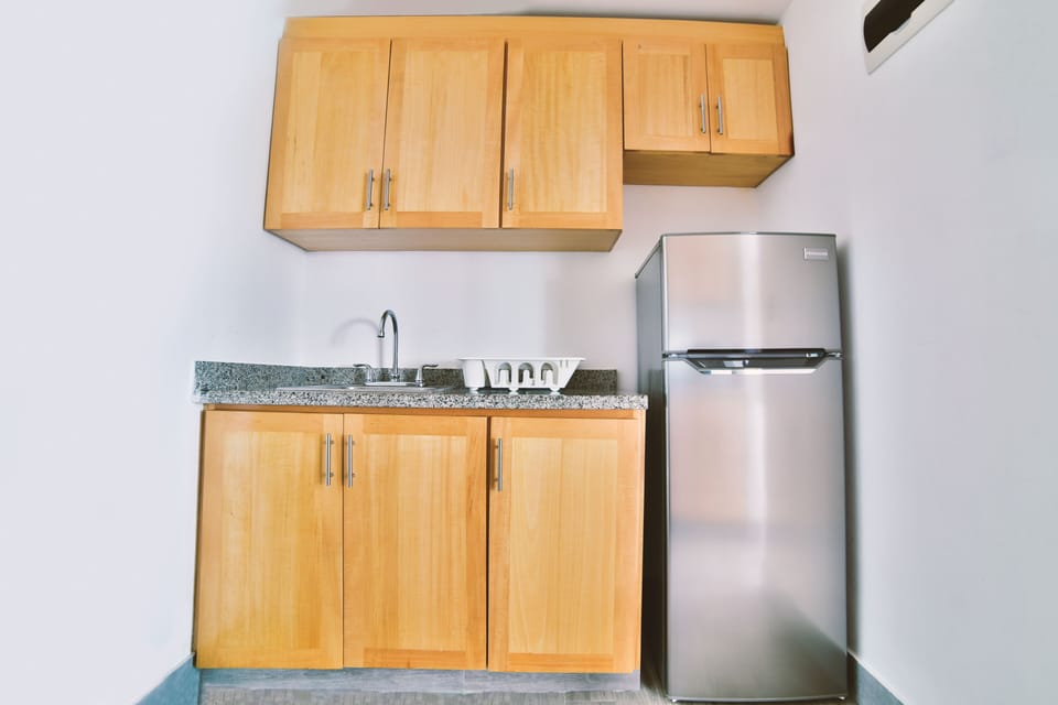 Full-size fridge, microwave, stovetop, dishwasher