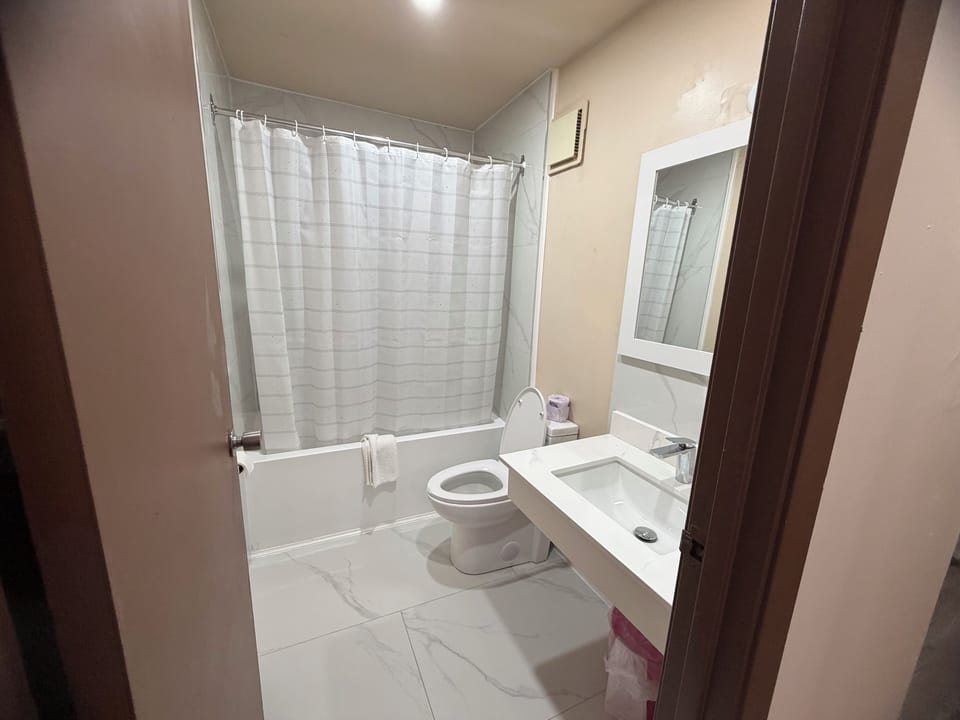Standard Double Room, 2 Double Beds, Non Smoking | Bathroom | Hair dryer, towels, soap, shampoo