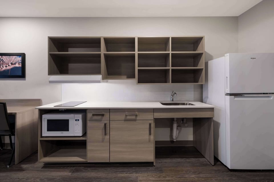 Full-size fridge, microwave, stovetop