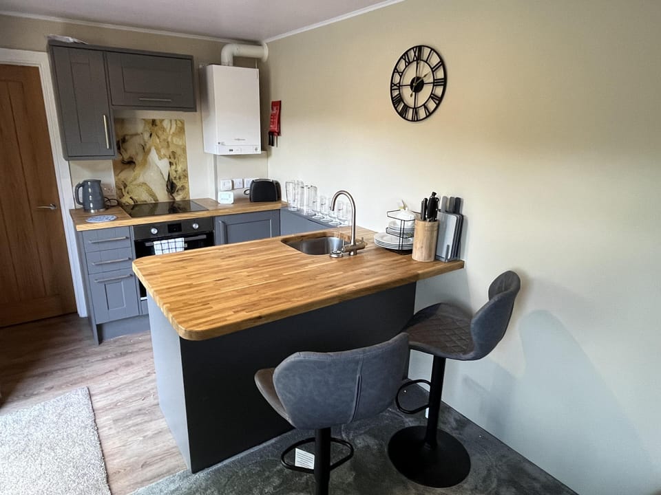Cabin | Private kitchen | Fridge, microwave, oven, stovetop