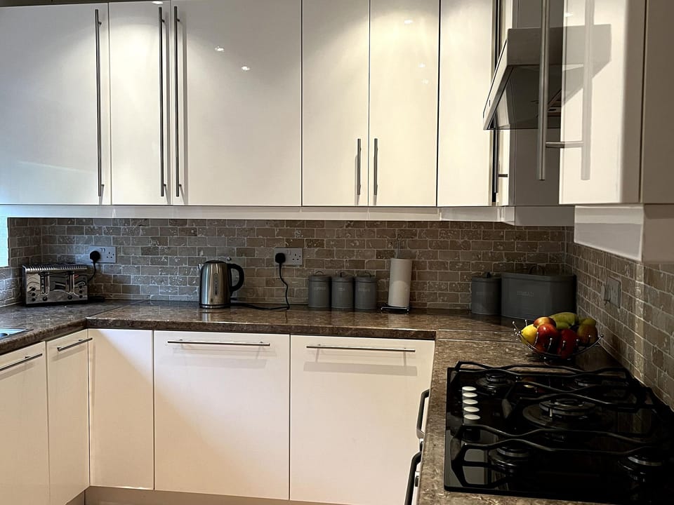 Fridge, dishwasher, electric kettle, toaster