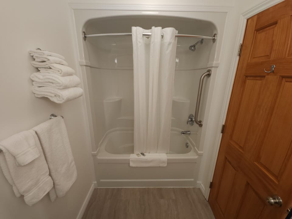 Hair dryer, towels, soap, shampoo