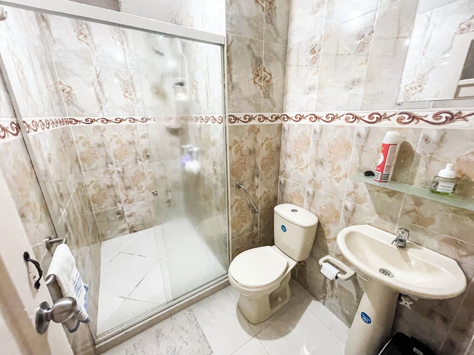 Shower, hair dryer, towels, toilet paper