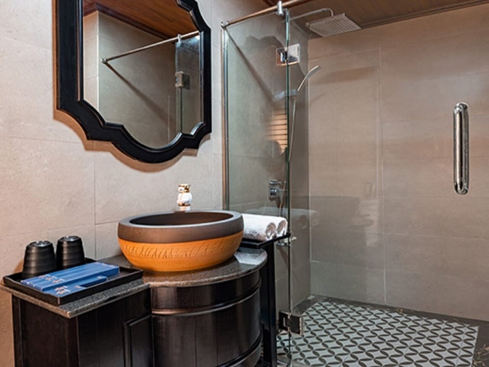 Shower, rainfall showerhead, hair dryer, slippers