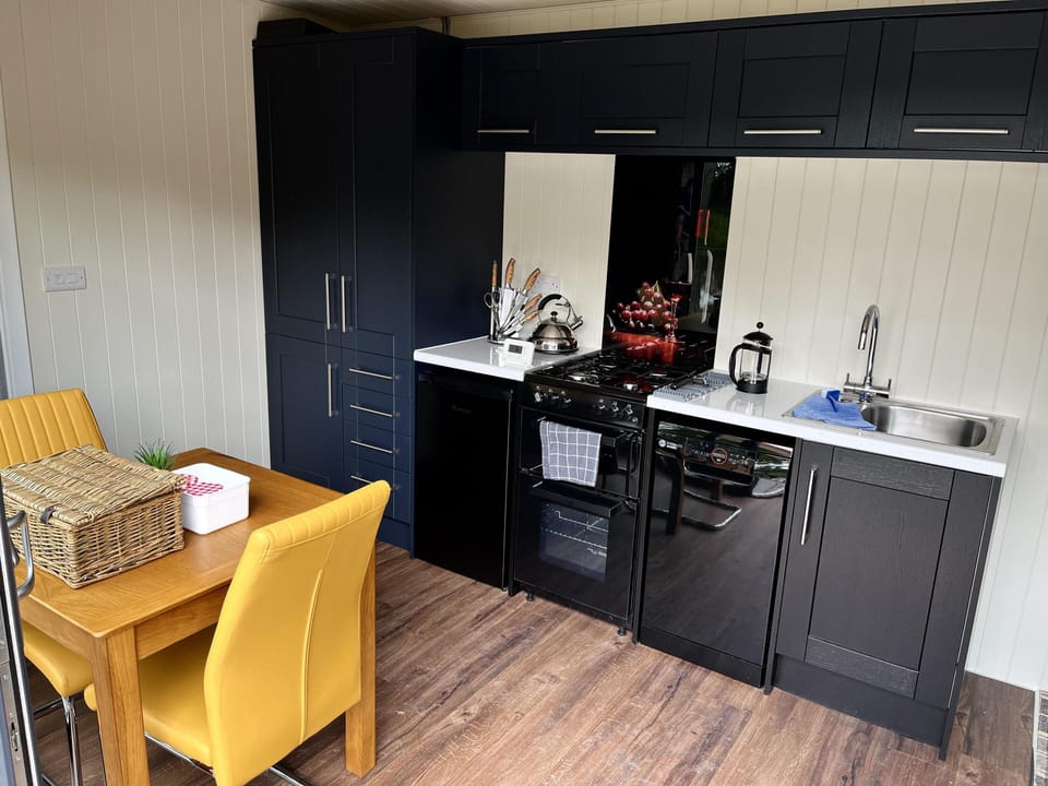 Cabin | Private kitchen | Fridge, microwave, oven, stovetop