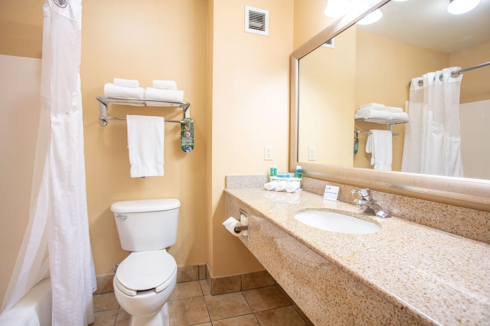 Combined shower/tub, deep soaking tub, free toiletries, hair dryer