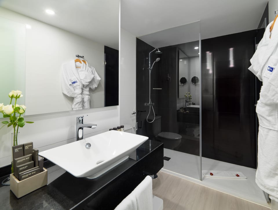 Shower, free toiletries, hair dryer, towels