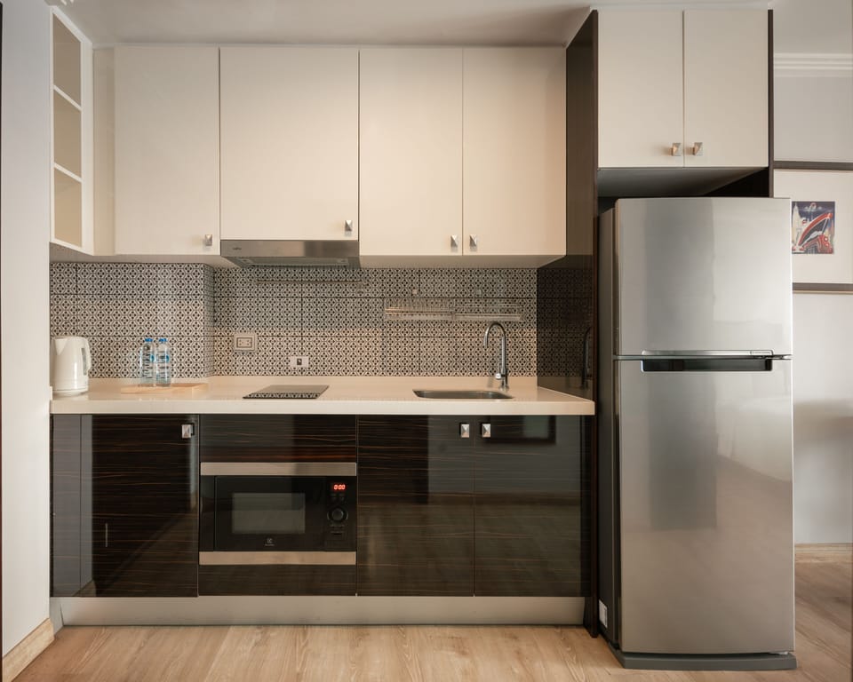 Fridge, microwave, electric kettle, toaster