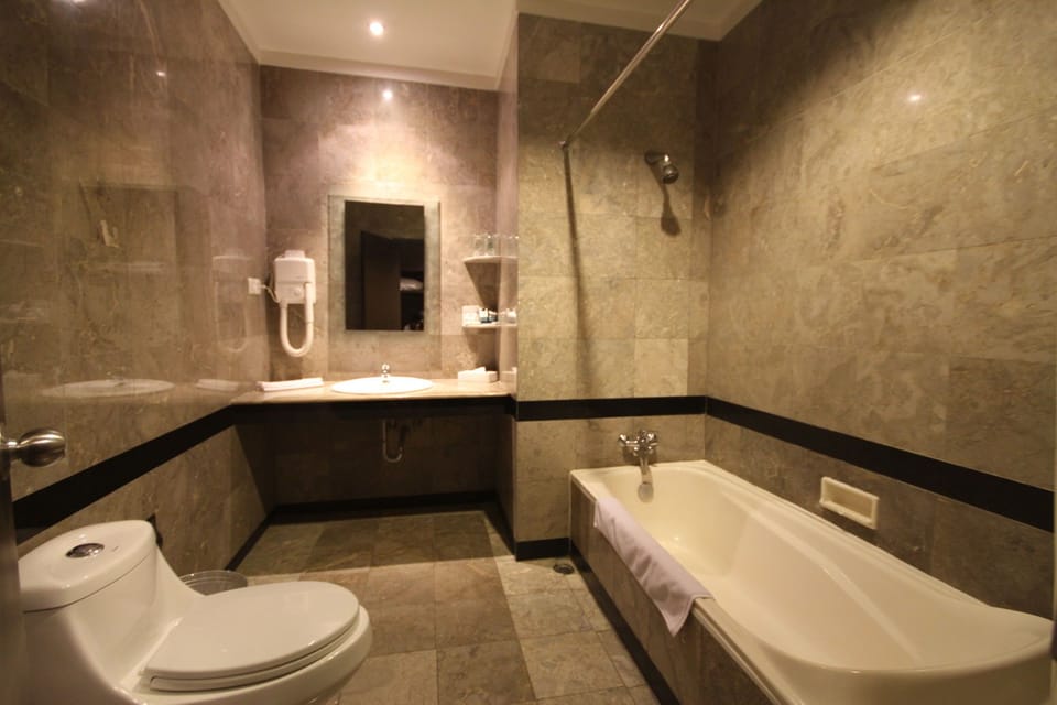 Combined shower/tub, towels