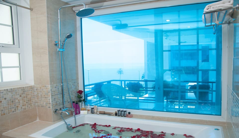 Shower, hydromassage showerhead, designer toiletries, hair dryer