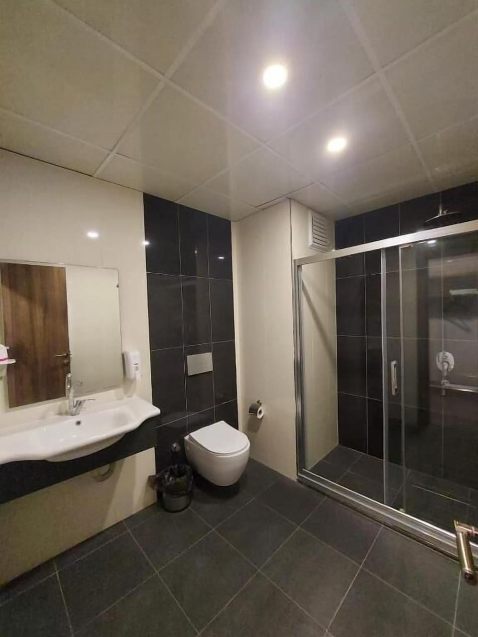 Shower, rainfall showerhead, free toiletries, hair dryer