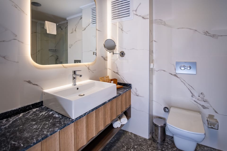 Shower, rainfall showerhead, designer toiletries, hair dryer