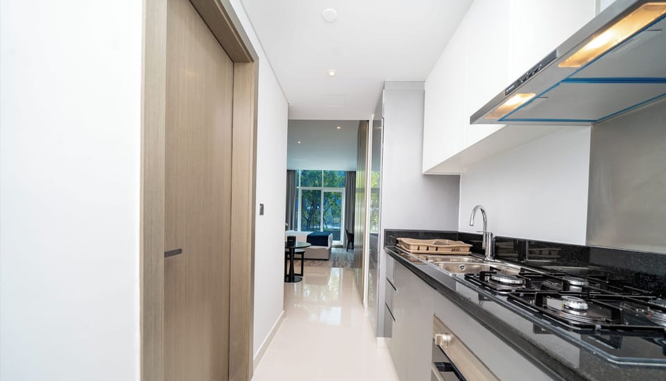 Deluxe Studio | Private kitchen | Full-size fridge, microwave, oven, electric kettle