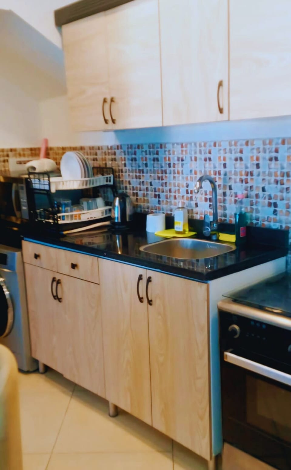 Panoramic Apartment | Private kitchen | Full-size fridge, microwave, oven, highchair