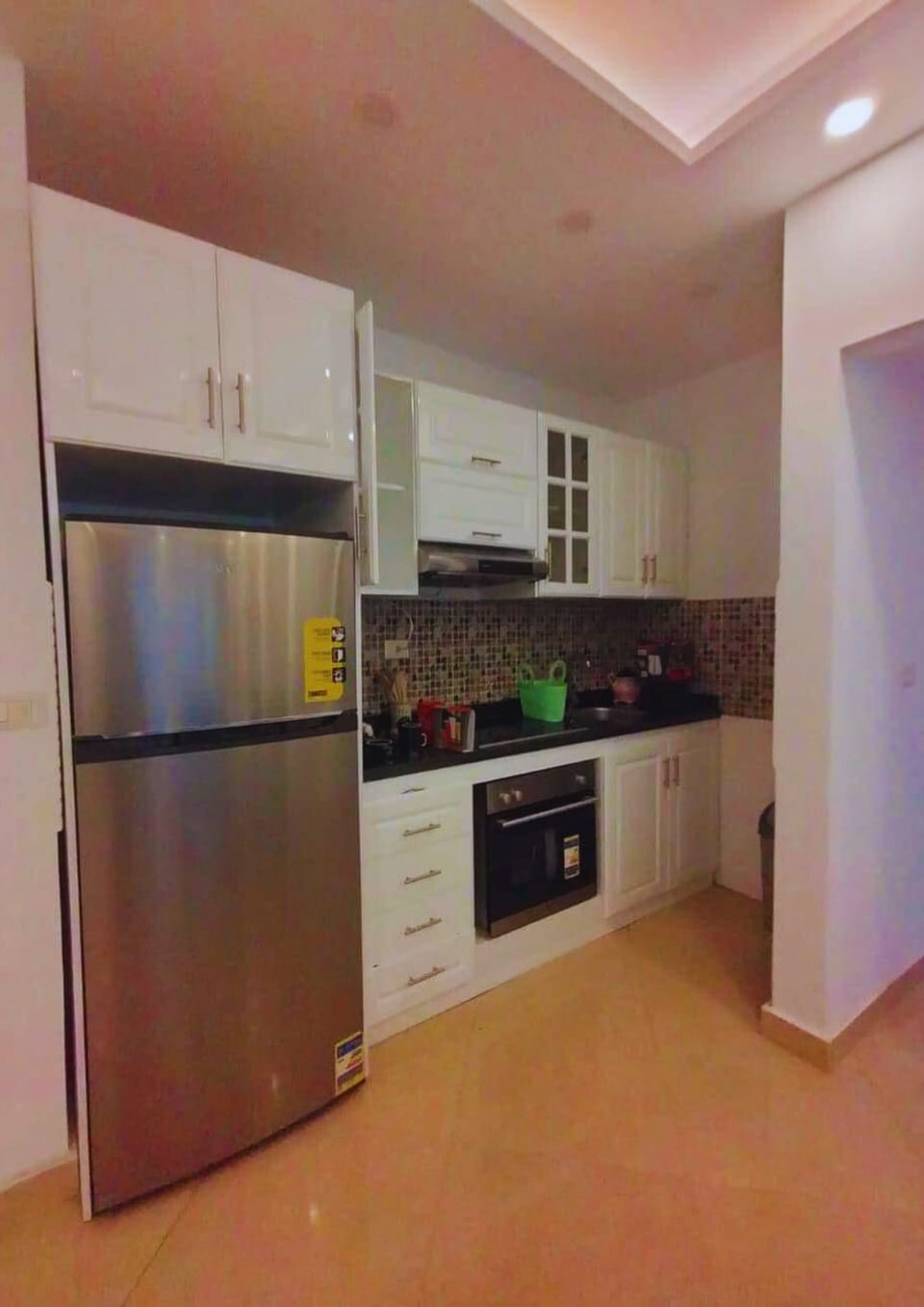 Panoramic Apartment | Private kitchen | Full-size fridge, microwave, oven, highchair