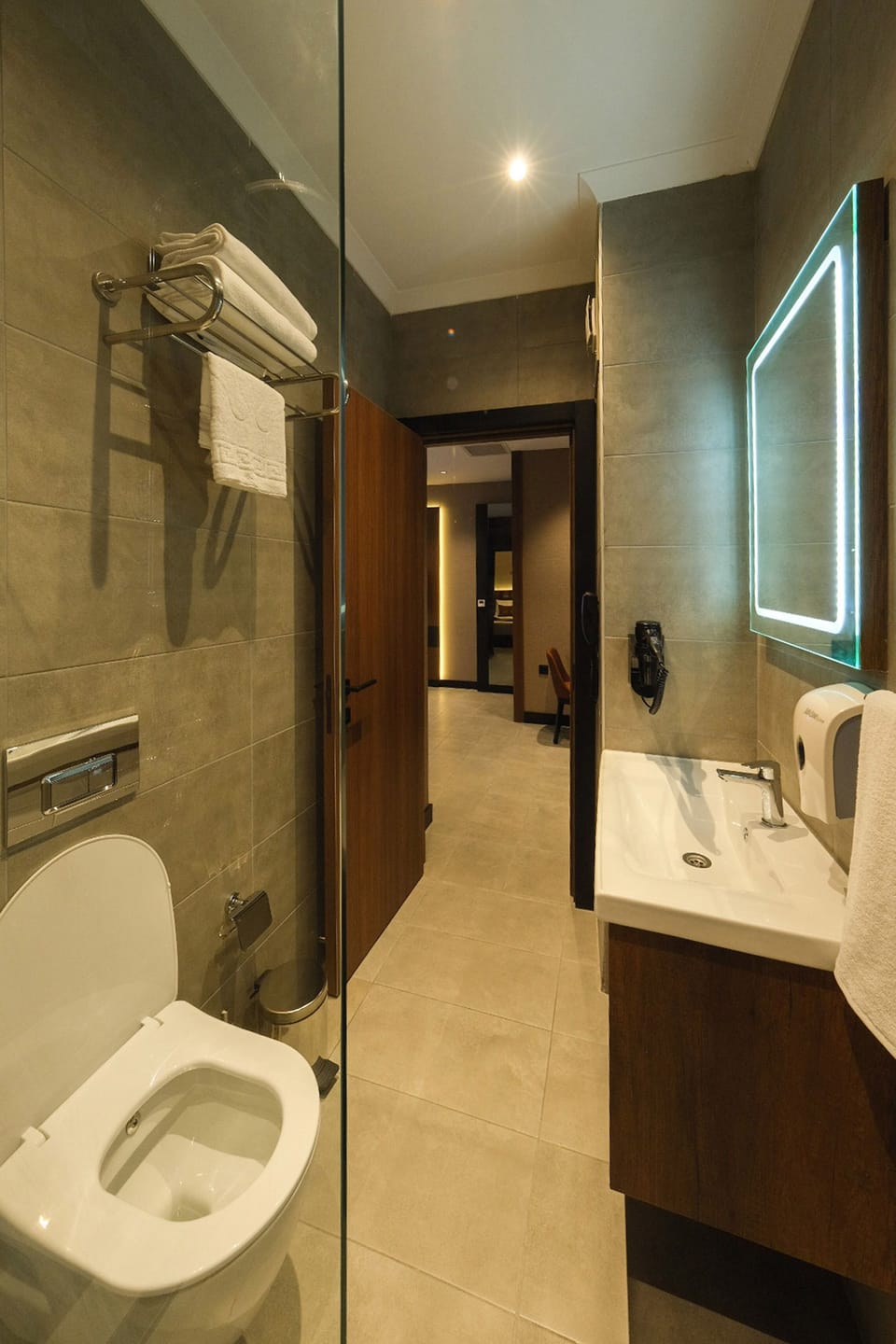 Shower, rainfall showerhead, hair dryer, slippers