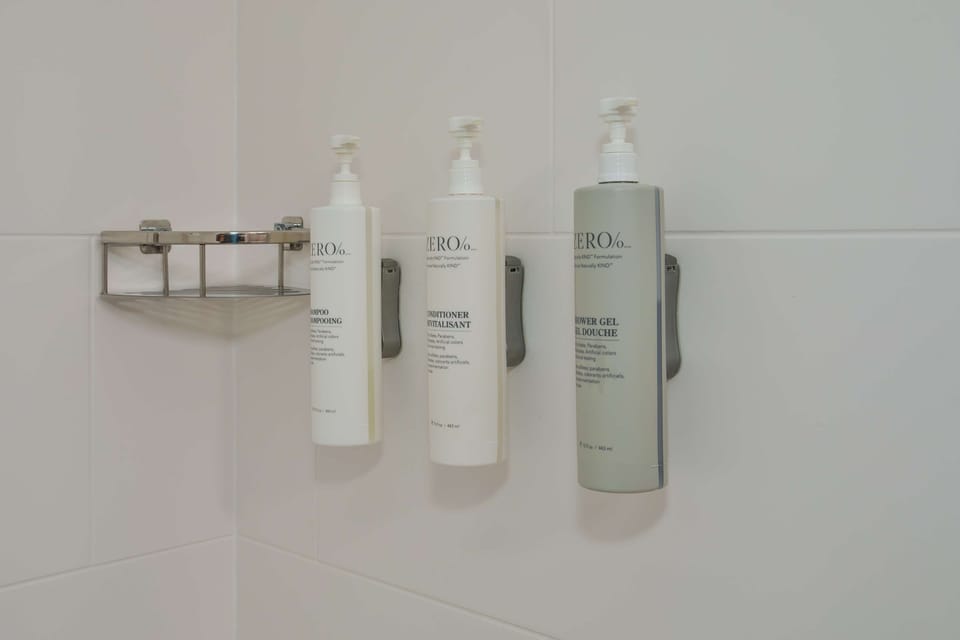 Combined shower/tub, free toiletries, hair dryer, towels