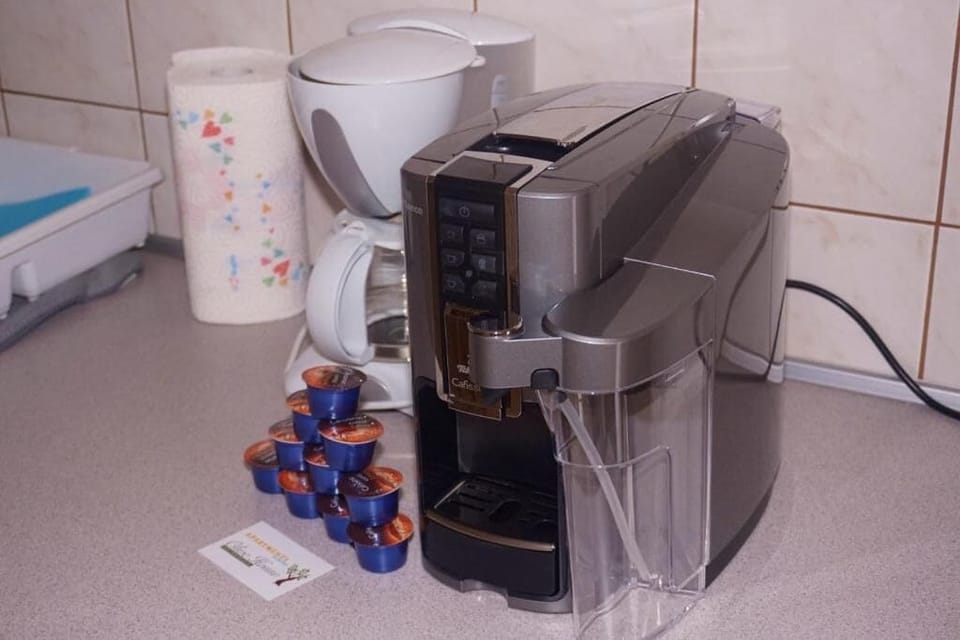 Full-size fridge, stovetop, cookware/dishes/utensils, cleaning supplies