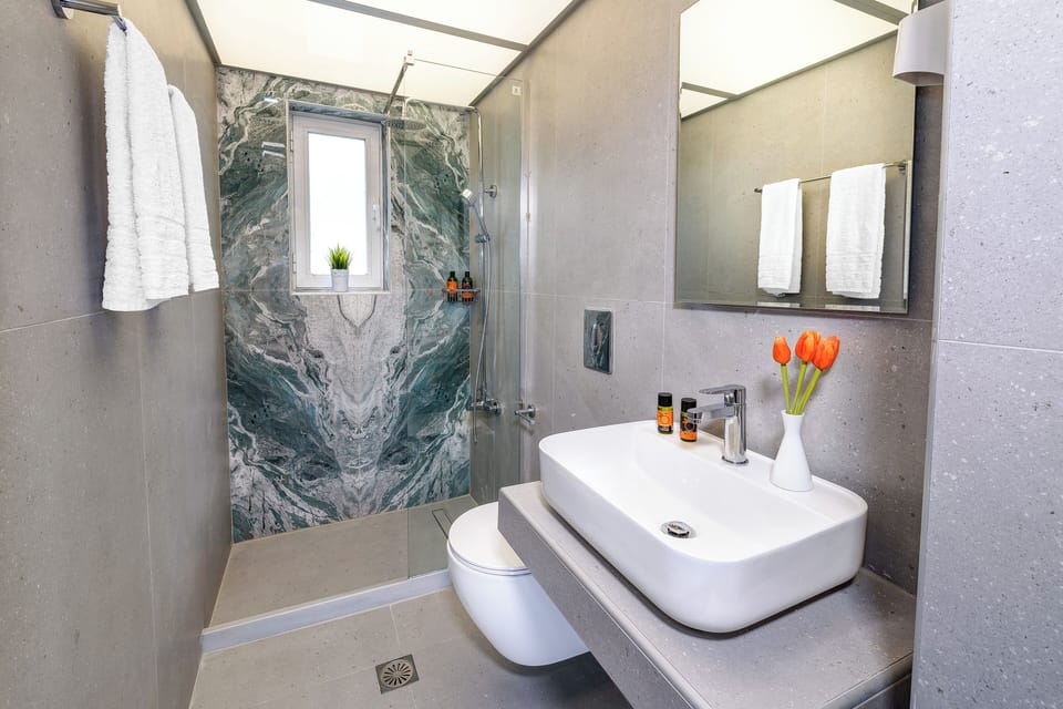 Bathtub, hair dryer, towels, shampoo