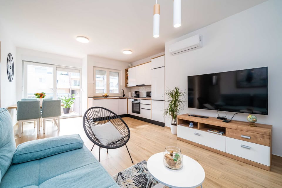 Apartment (Two Bedroom Apartment with Balcony) | Living room | 25-inch flat-screen TV with cable channels, TV