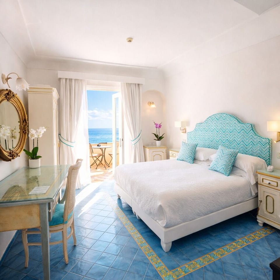 Deluxe Double or Twin Room, Terrace, Sea View | Frette Italian sheets, premium bedding, memory foam beds, minibar