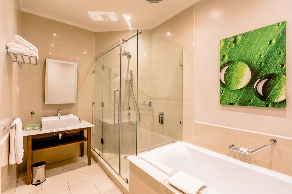 Deluxe Room | Bathroom | Rainfall showerhead, hair dryer, towels, soap