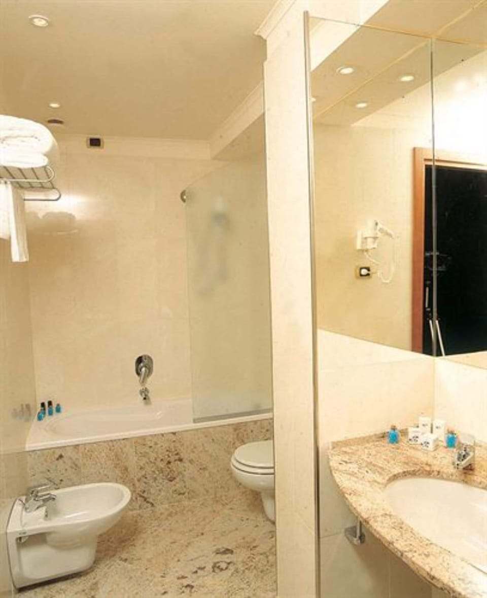Combined shower/tub, free toiletries, hair dryer, bidet