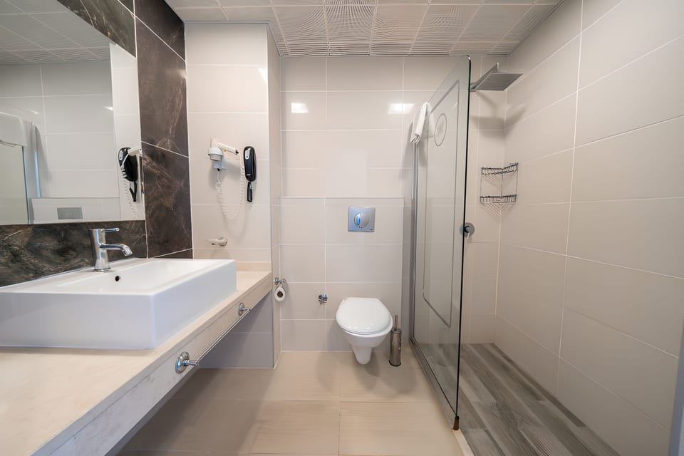 Shower, rainfall showerhead, hair dryer, slippers
