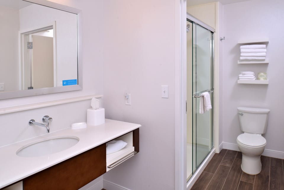 Combined shower/tub, free toiletries, hair dryer, towels