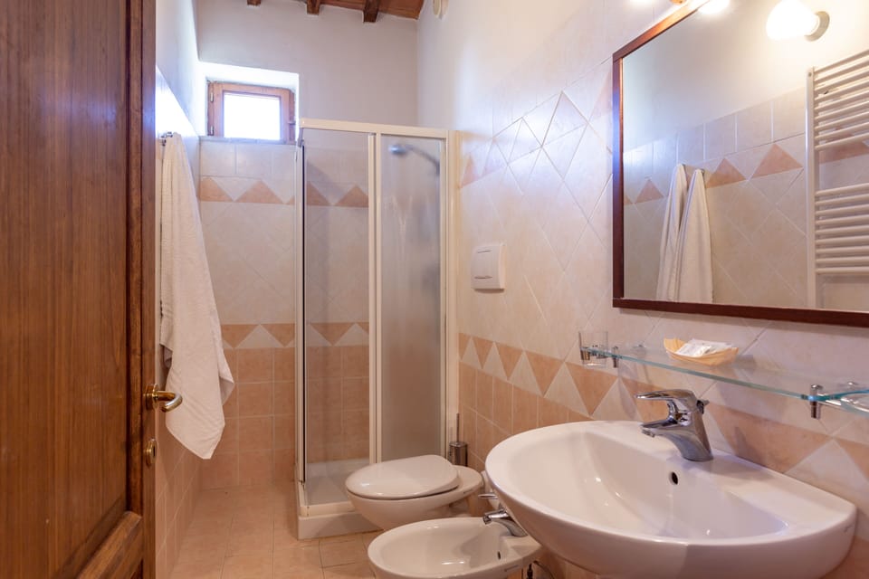 Combined shower/tub, free toiletries, hair dryer, bidet