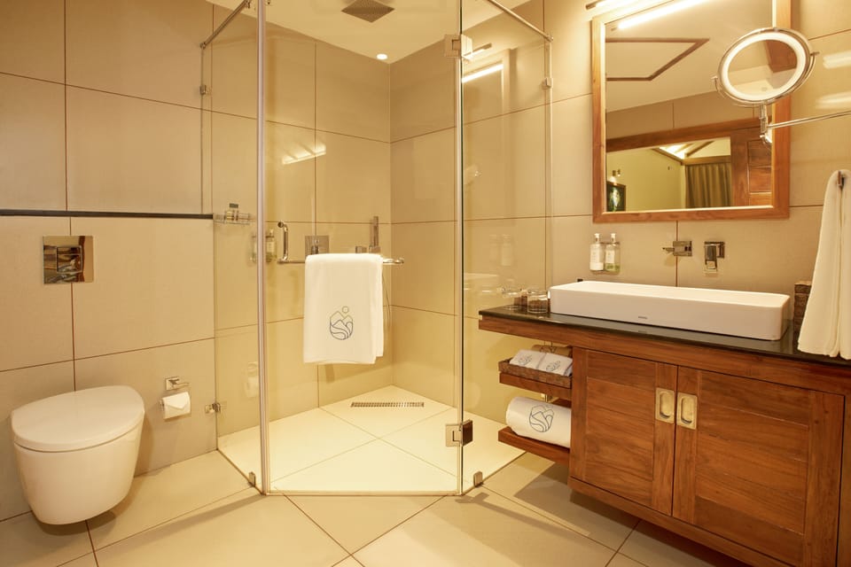 Shower, rainfall showerhead, free toiletries, hair dryer