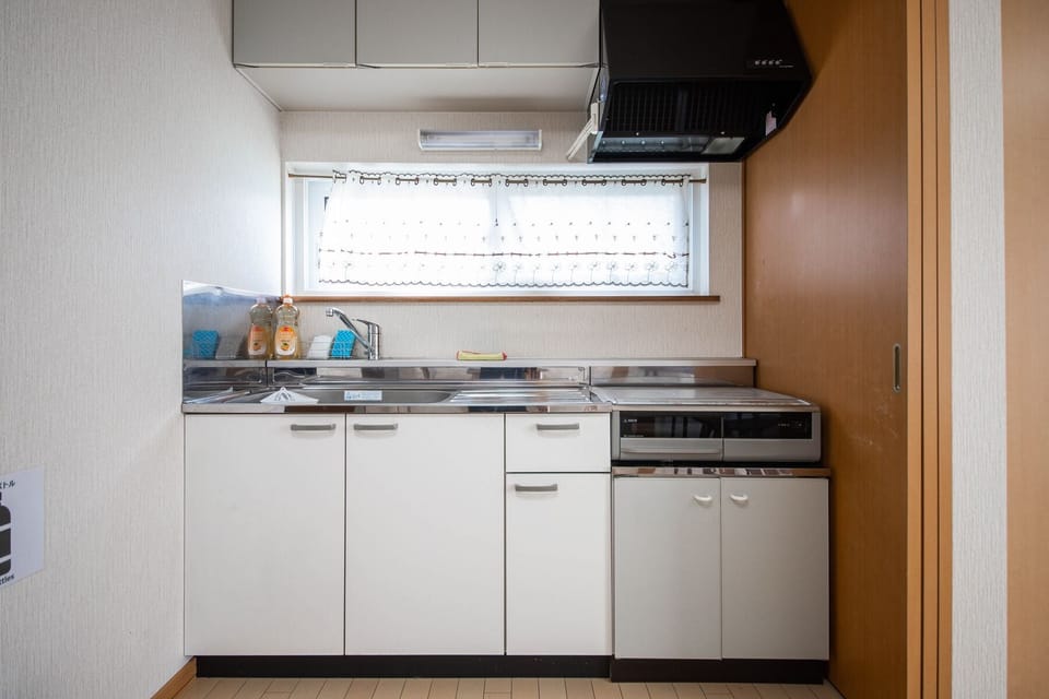 Full-size fridge, microwave, stovetop, rice cooker