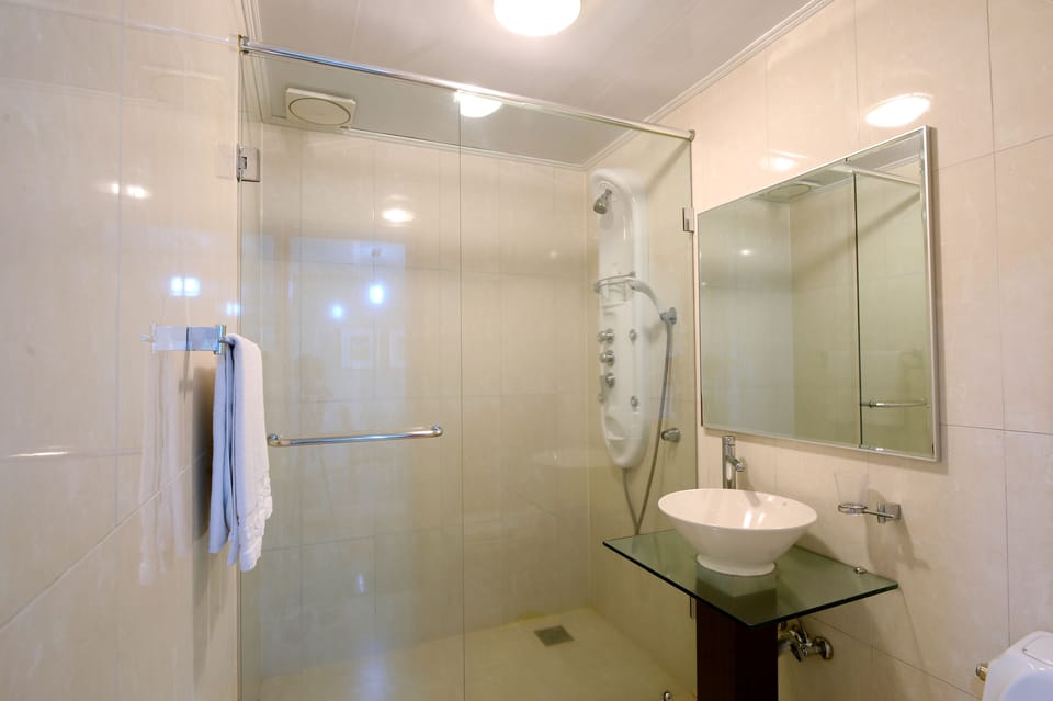 Shower, free toiletries, hair dryer, slippers