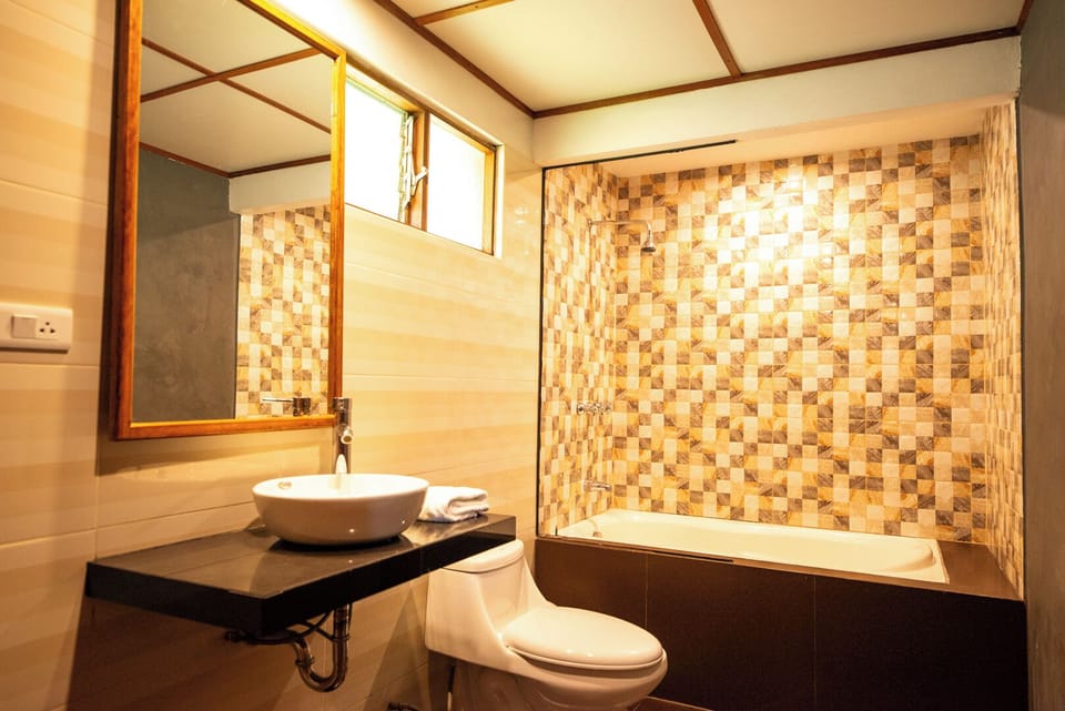Combined shower/tub, towels, soap, shampoo
