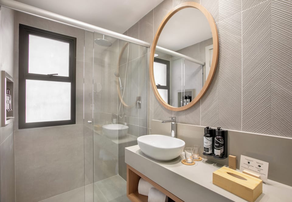 Eco-friendly toiletries, hair dryer, towels, soap