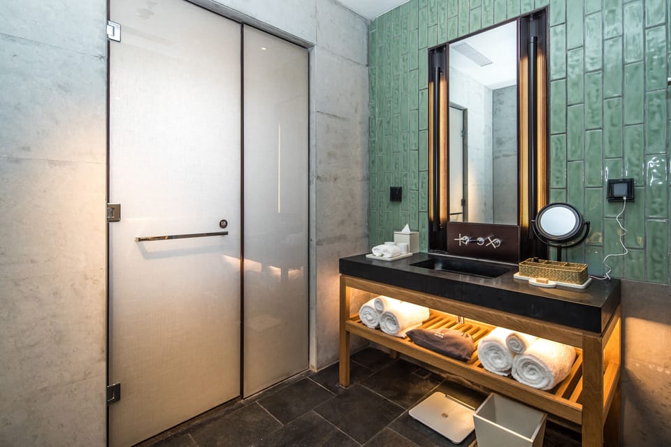 Shower, rainfall showerhead, hair dryer, bathrobes