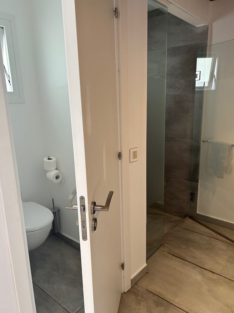 Shower, rainfall showerhead, hair dryer, bathrobes