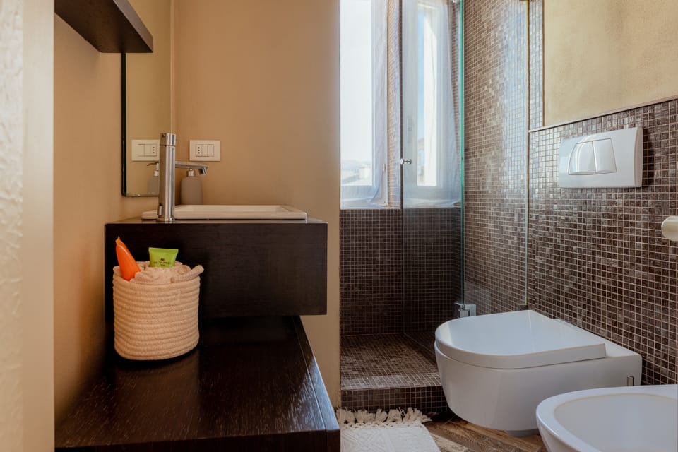 Bidet, towels, toilet paper