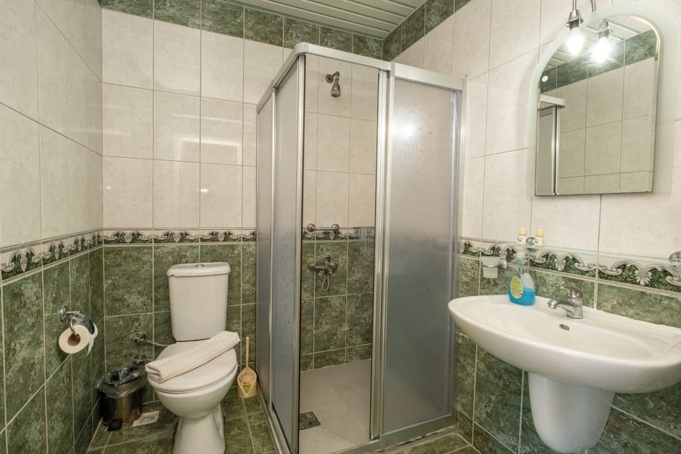 Separate tub and shower, rainfall showerhead, hair dryer, towels