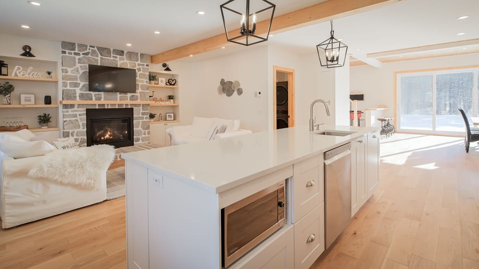 Deluxe Chalet | Private kitchen | Full-size fridge, microwave, oven, dishwasher