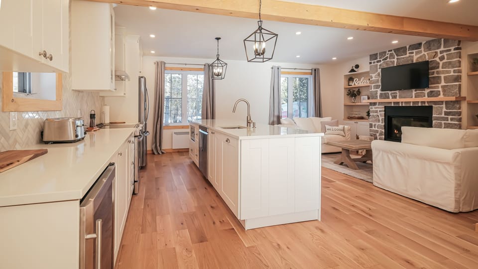 Deluxe Chalet | Private kitchen | Full-size fridge, microwave, oven, dishwasher