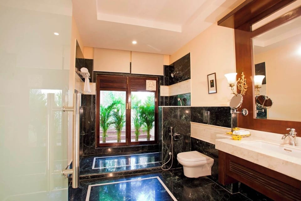 Shower, rainfall showerhead, slippers, soap