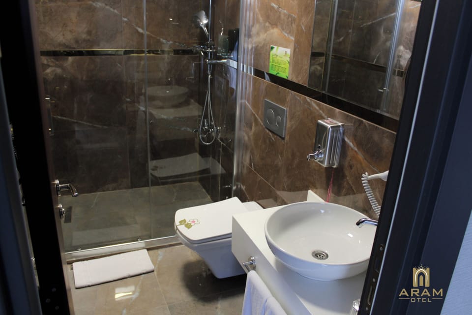 Shower, hydromassage showerhead, free toiletries, hair dryer