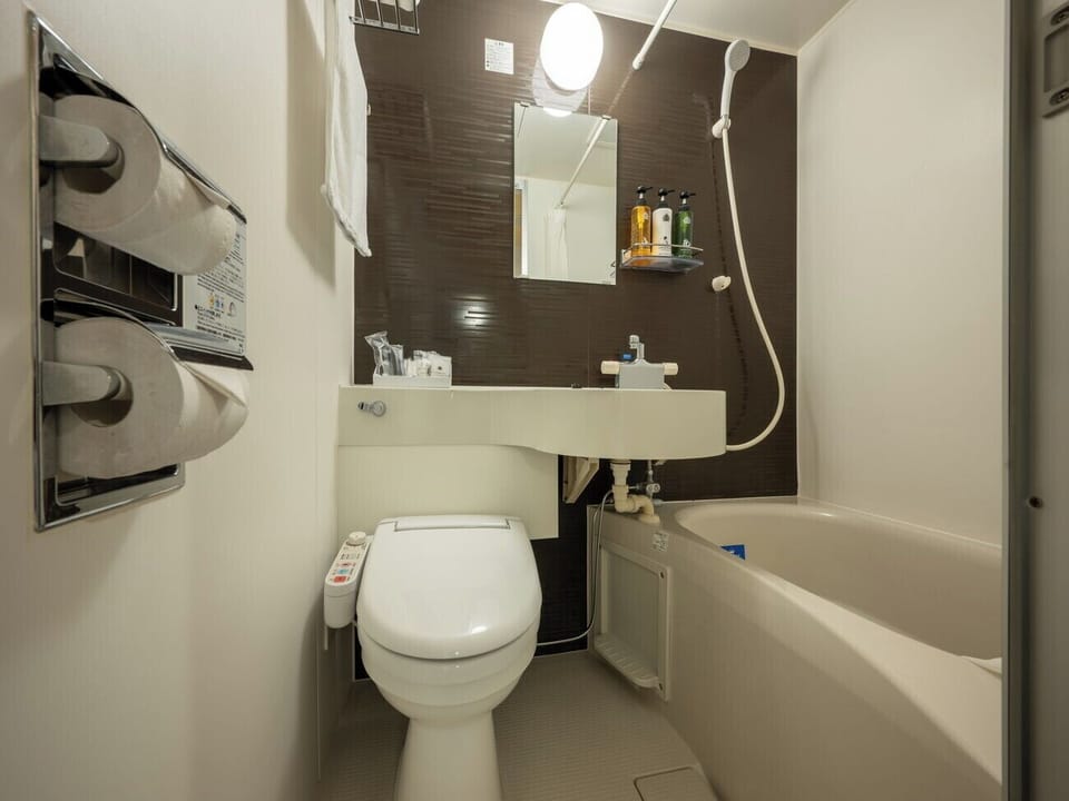 Combined shower/tub, free toiletries, hair dryer, slippers
