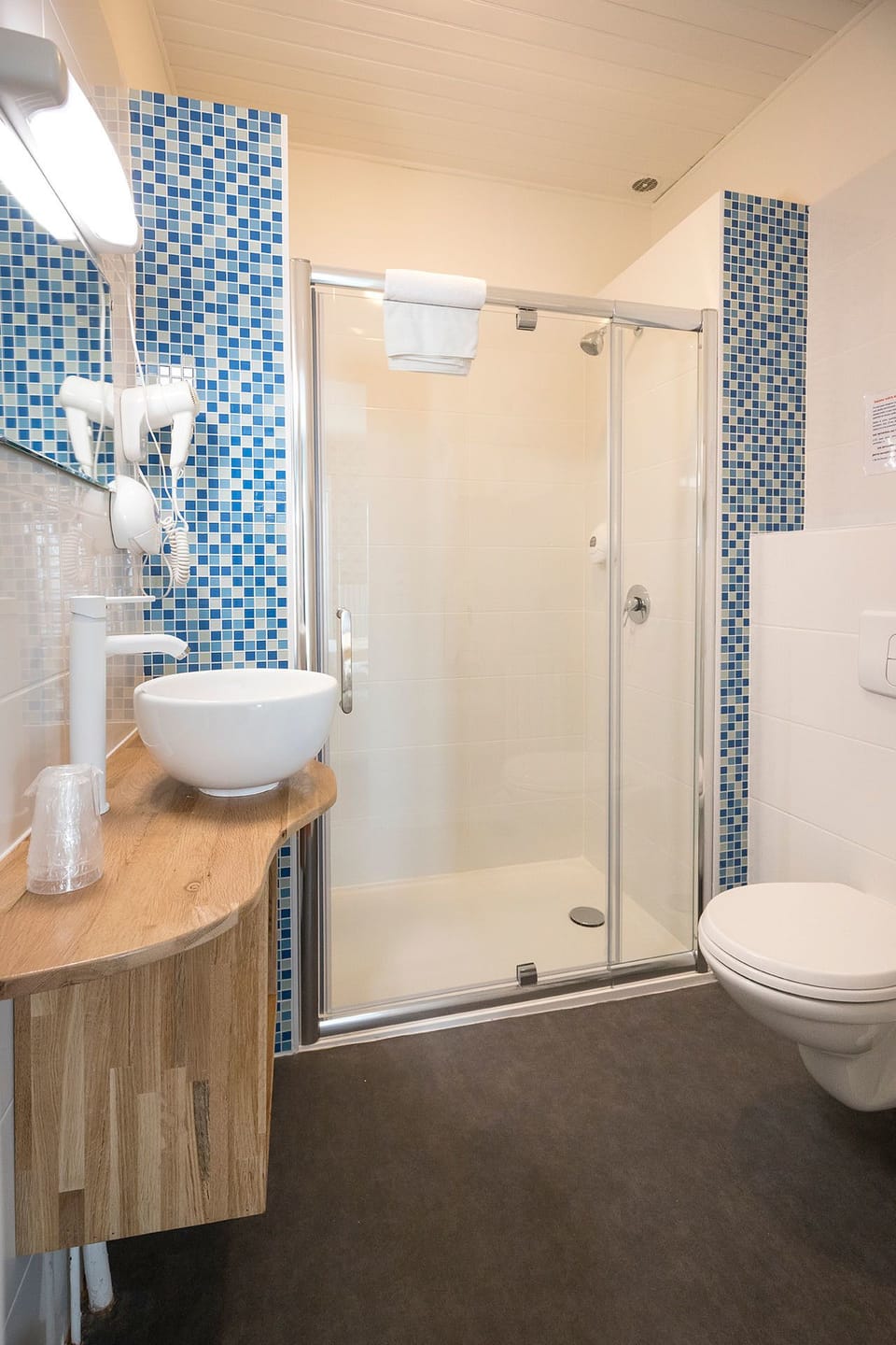 Shower, free toiletries, hair dryer, towels
