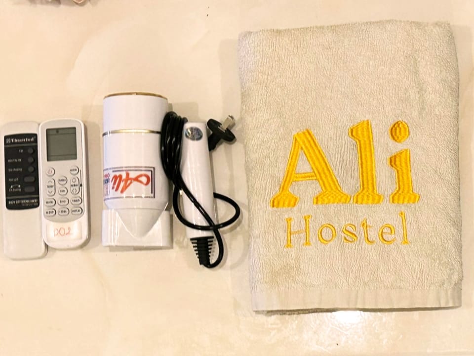 Shower, rainfall showerhead, hair dryer, slippers