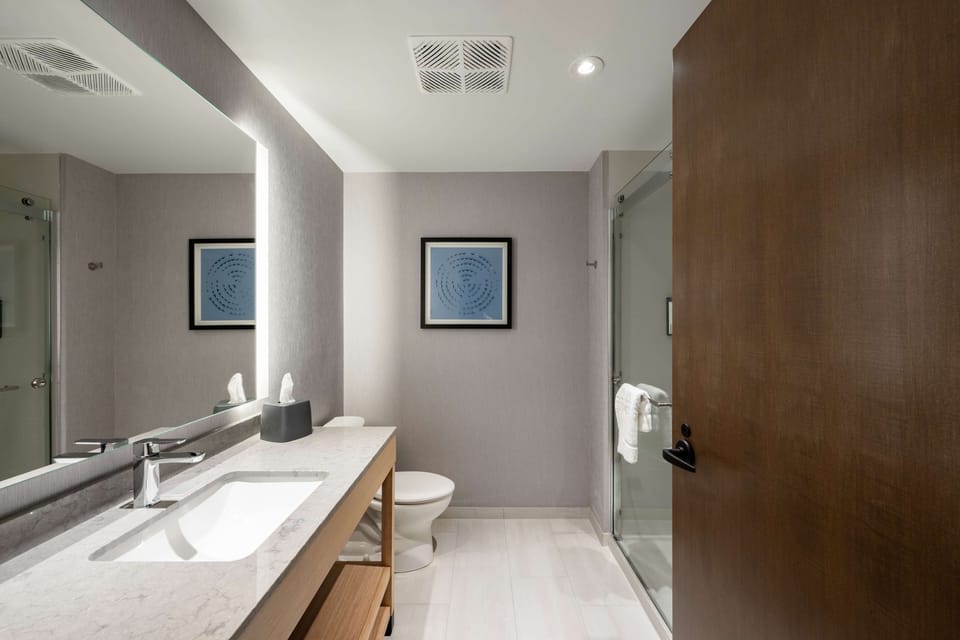 Designer toiletries, hair dryer, towels, soap