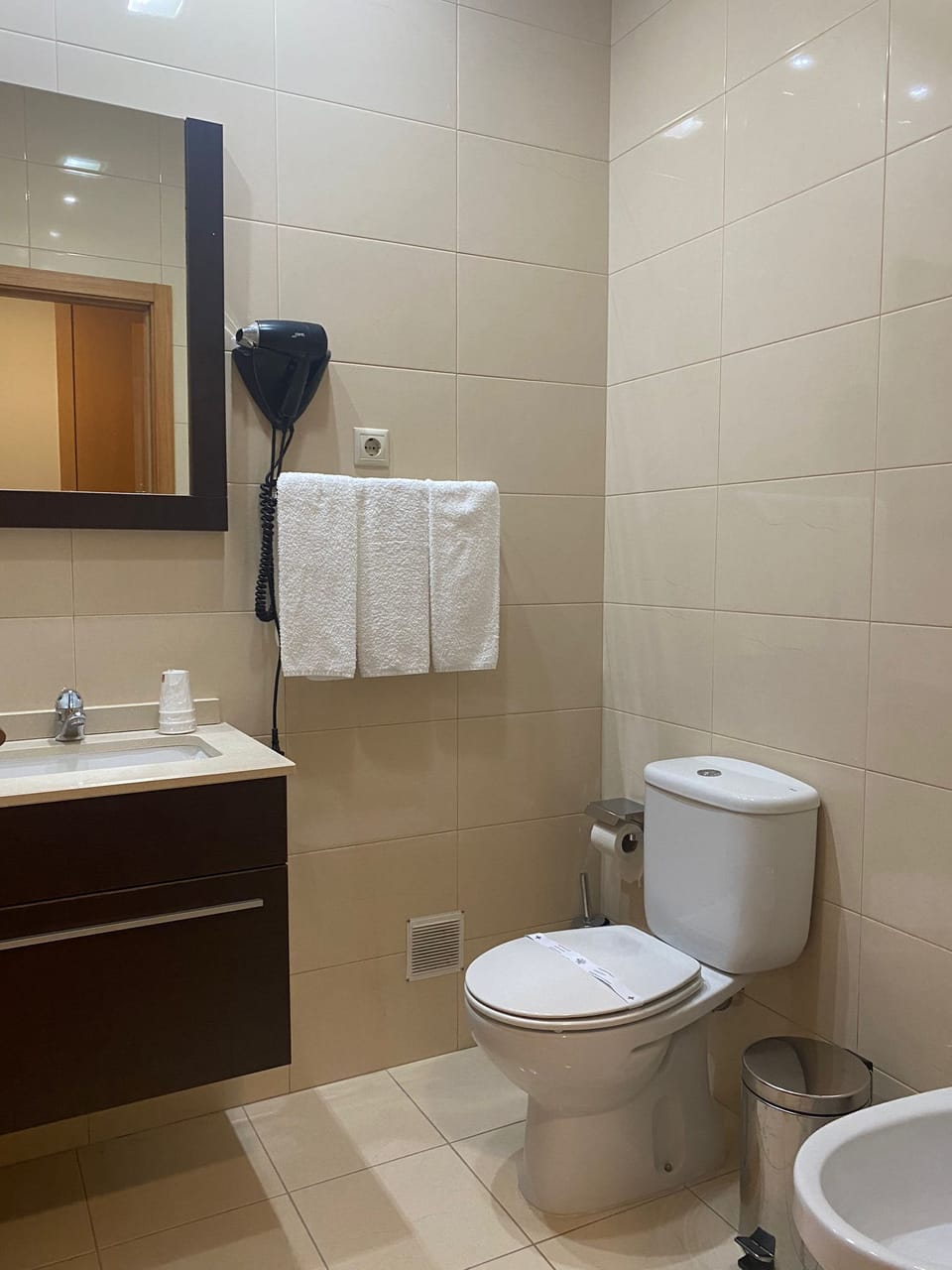 Hair dryer, bidet, towels, soap