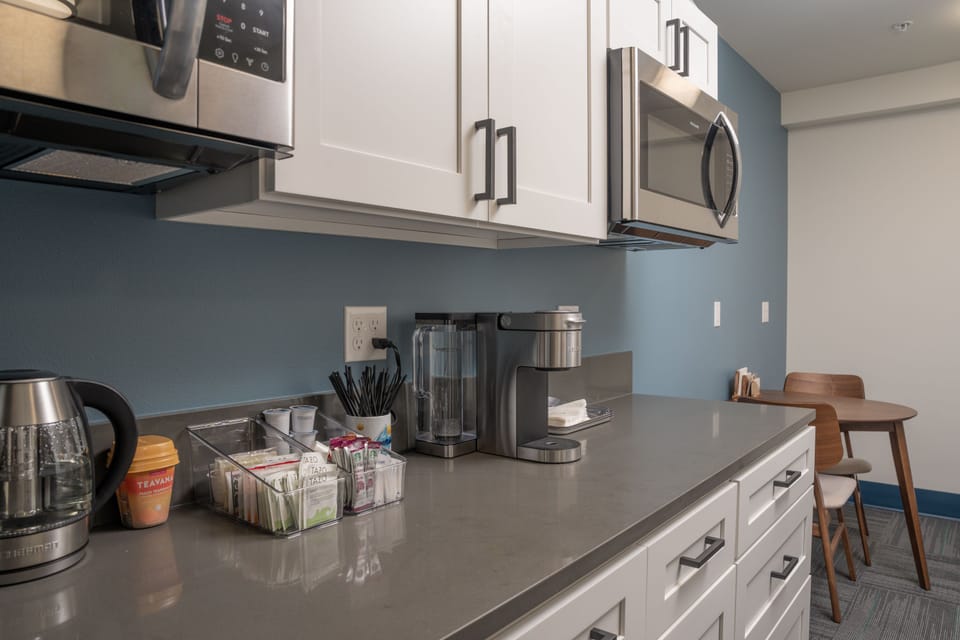 Shared fridge, microwave, coffee/tea maker, electric kettle